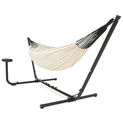 Afbeelding van Vita5 Hangmat met Standaard 2 Persoons Incl. Bekerhouder 205kg Draaggewicht Beige/Wit
