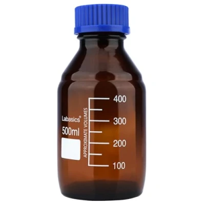 Afbeelding van Labasics Reagens Media Opslag Flessen, 1 Pack Amber Glas Gegradeerde Ronde Flessen voor Lab met Blauwe Schroefdop, 500 ml