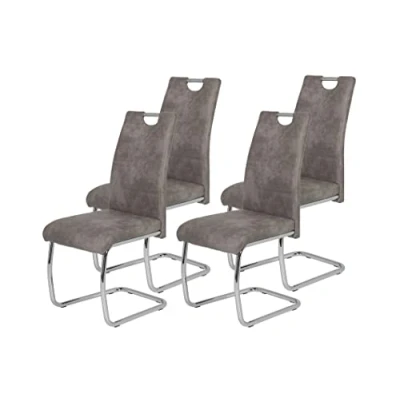 Afbeelding van Hela Tische, Flora II, set van 4 schommelstoelen, keukenstoel, microvezel, vintage grijs, verchroomd rond buizenframe, rugleuning met handvat