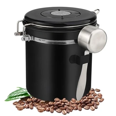 Afbeelding van Hisdricus Koffieblik (1,5 l), luchtdichte koffiehouder, roestvrij staal, met lepel, geschikt voor het bewaren van koffiebonen, specerijen, thee en noten (zwart)
