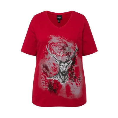 Afbeelding van Ulla Popken DEER Graphic TEE Tshirt print, Dames, Maat: 46/48, Salsa
