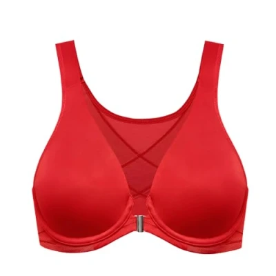 Afbeelding van DELIMIRA dames bh met voorsluiting grote maten postuurcorrectie naadloze bh&#039;s beugel Tshirt diep decolleté Lippenstift rood 85C