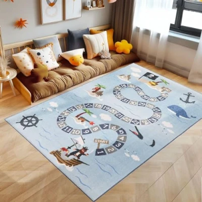 Afbeelding van Kindertapijten, piraten thema, Vloerkleed Blauw, 100 x 150 cm, Tapijten voor kinderen, kinderkamer