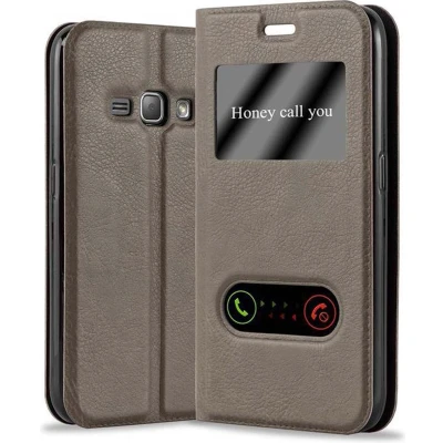 Afbeelding van Cadorabo Hoesje geschikt voor Samsung Galaxy J1 2016 in STEEN BRUIN Beschermhoes met magnetische sluiting, standfunctie en 2 kijkvensters Book Case Cover Etui