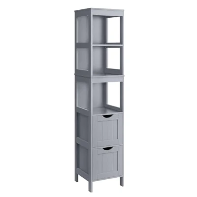 Afbeelding van VASAGLE Hoge kast voor badkamer, opbergkast op poten, dunne kolom, met 2 laden en 3 open vakken, 30 x 141,5 cm, woonkamer, keuken, grijs tortelduif BBC066G02
