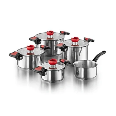 Afbeelding van KOPF Nelo pannenset van roestvrij staal, inductiekookgerei met intelligent giethulp, 4 potten glazen deksel en 1 braadpan, 9 delig