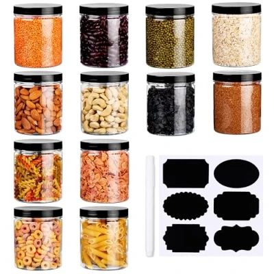 Afbeelding van Belle Vous 12 Pak Doorzichtig Plastic Opslag Potten met Deksel, Labels &amp; Pen 500 ml Herbruikbare Luchtdichte Containers Navulbare voor Keuken Droog Voedsel Opslag, Specerijen en Pinda’s