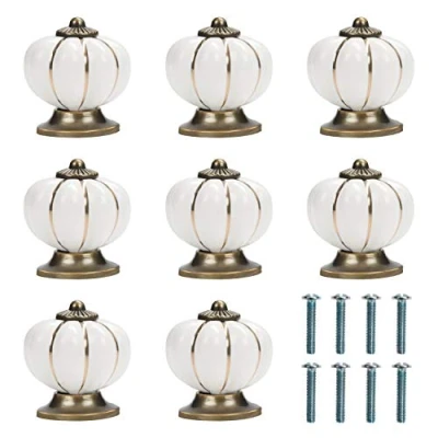 Afbeelding van Kurtzy Witte en Gouden Pompoen Keramiek Knoppen met Schroeven (8 Pak) 3,6 x 3,9 cm Ronde Vintage Trek Handvatten Voor Huis &amp; Kantoormeubels Keukenkast, Lades Kastdeuren