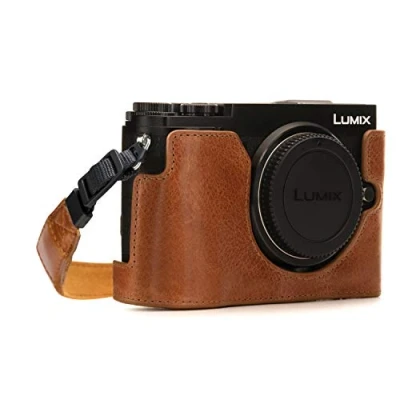Afbeelding van MegaGear MG1443 Panasonic Lumix DC GX9 Ever Ready echt lederen camera halve tas met draagriem lichtbruin