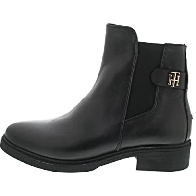 Afbeelding van Tommy Hilfiger Vrouwen munt lederen platte laars mode, Zwart, 37 EU
