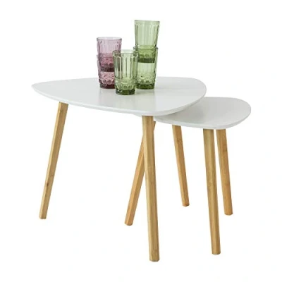 Afbeelding van SoBuy FBT74 W Set van 2 Bijzettafel met Planken Salontafel Bamboe Wit/Naturel