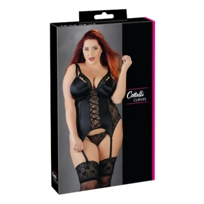 Afbeelding van Cottelli Plus Size Sexy Jarretel Hemd met Veters en Open Kanten Afwerking Afneembare Cups Maat XL Zwart