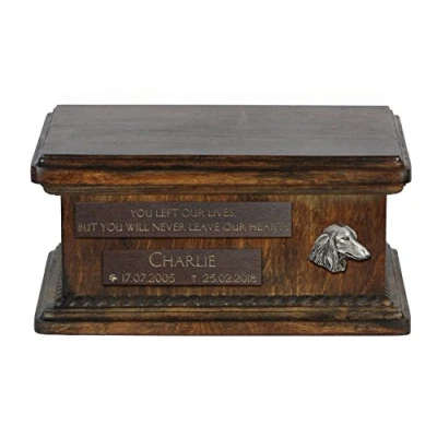Afbeelding van Art Dog Custom Low Memorial Urn Handgemaakt koud gegoten bronzen portret op berkenbasis Gepersonaliseerde hondencrematiedoos 8,3x11,4x4,3 Teckel gladharige klassieker