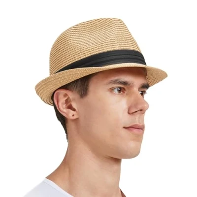 Afbeelding van Zylioo Trilby Fedora strohoed voor groot hoofd, heren, met oprolbare rand, uv bescherming, zomerhoed, strandhoed, Cubaanse khaki, S