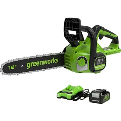 Afbeelding van Greenworks GD24CS30K4 Accu Kettingzaag met Borstelloze Motor, 30 cm Zaagbladlengte, 7,8 m/s Kettingsnelheid, Automatische Oliesmering, Terugslagbeveiliging, 24V 4Ah &amp; Lader