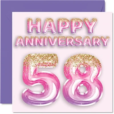Afbeelding van Mooie 58e verjaardag kaart voor vrouw vriendin man vriend roze paarse glitter ballonnen Happy 58 Anniversary Cards uit Family, 145 mm x wenskaarten vijftig achtste jubilea
