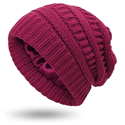 Afbeelding van XRDSS Vrouwen Warme Winter Hoeden Unisex Satijn Gevoerde Slouchy Kabel Gebreide Beanie Hoed, Wijn Rood