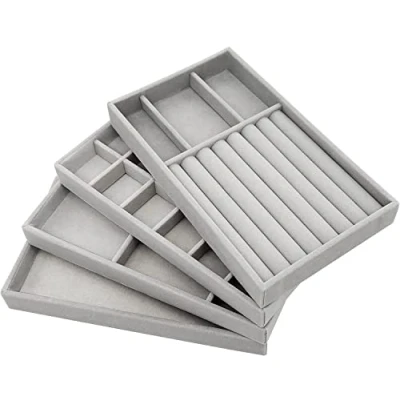 Afbeelding van PIQIUQIU Sieradenbakje, stapelbare sieradenorganizer, sieradenopslag, lade voor het bewaren en presenteren van oorbellen, halskettingen, ringen, 4 stuks, grijs
