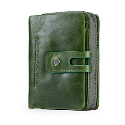 Afbeelding van Contacts Echt Lederen Womens Bifold Trifold Portemonnee Multifunctionele Kaarthouder Clutch Reizen met Rits Coin Pocket, Groen, Eén maat, Modern