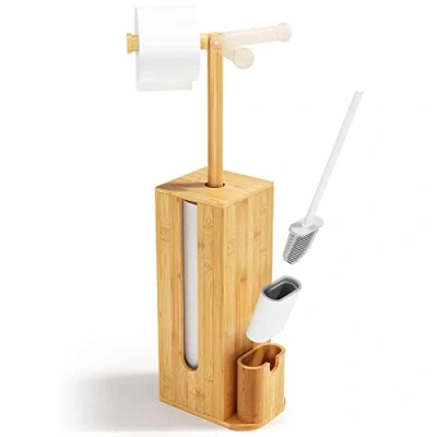 Afbeelding van Rainsworth Staande wc rolhouder met toiletborstel 3 in 1 garnituur van bamboe toiletpapierhouder en opslag, borstel, HBT 71,6 x 15,5 21,5 cm