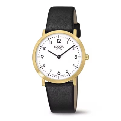Afbeelding van Boccia 3335 02 Horloge titanium leder goudkleurig zwart wit 34 mm