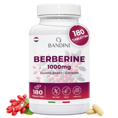 Afbeelding van Bandini® Berberine 1000mg pure hoge dosering 180 veganistische tabletten HCl uit Berberis Aristata 97% + Chroom en Zwarte Peper Maximale opname Spijsvertering, lever, darmfunctie