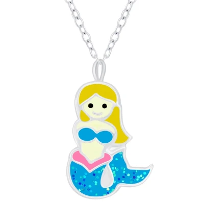 Afbeelding van JoyS Zilveren zeemeermin hanger met ketting 36 cm + 5 extension glitter blauwe staart voor kinderen