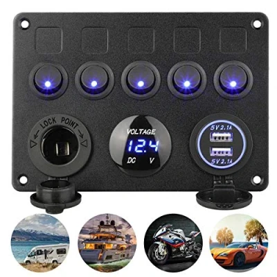 Afbeelding van Schakelaar met 5 versnellingen ON OFF Tuimelschakelaar Paneel, USB oplader, Sigarettenaansteker, Waterdichte Schakelpaneel Voor 12 V/24 V Voertuigen, Auto, Boot, SUV, Vrachtwagen, Jacht, Camper, Bouwvoertuig