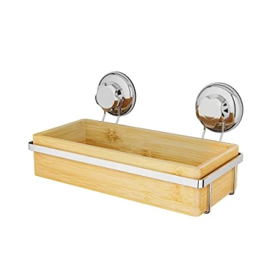Afbeelding van Compactor Bestlock Wandmontage badkamer opbergplank, zuignap montage, ondersteunt tot 12 kg, bamboe en verchroomd ijzer, 27,6 x 14,8 H. 5&quot;, RAN5807