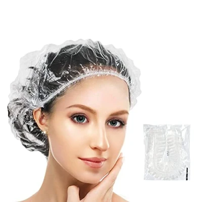Afbeelding van 100 stuks wegwerp douchekapjes, afzonderlijk ingepakt, kunststof douchekap, haarbescherming, haarkap voor salon, spa, reizen, hotel, douche, vlechten, doorzichtig