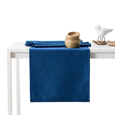 Afbeelding van AmeliaHome Tafelloper 30 x 100 cm, lotuseffect, waterafstotend, bladeren, donkerblauw Gaia