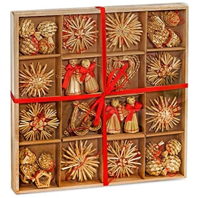 Afbeelding van BRUBAKER kerstboomversieringen van stro, 48 delige set tot 6,5 cm grote sterren, harten, engel