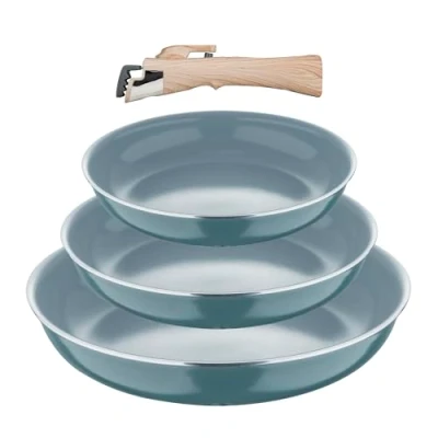 Afbeelding van Bergner CLICK&amp;COOK Set van 4 pannen (18 + 20 24 cm) met afneembare handgreep, geperst gerecycled aluminium, PPG Fusion coating, geschikt voor inductie, groen