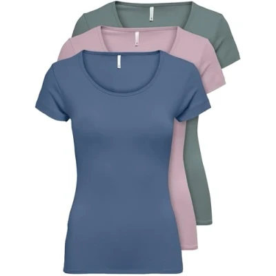 Afbeelding van ONLY 15209153 Dames T shirt met korte mouwen, lange basic zomer shirts, maten XS / S M L XL, zwart of wit, set van 3 stuks, Kleur Mix 5, XL