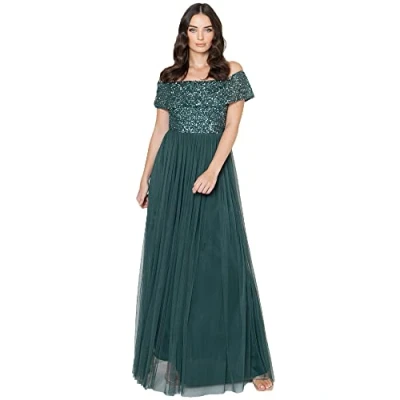 Afbeelding van Maya Deluxe Bardot Versierde maxi jurk voor dames, bruidsmeisje, smaragdgroen, 12