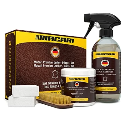 Afbeelding van Macari Leerverzorging 500 ml balsem + reiniger 2 spons lederen borstel premium leerreiniger set bijenwas voor leren bank auto meubels jas kleding handtas schoenen zadel ledervet