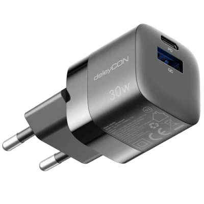 Afbeelding van deleyCON oplader USB A en C (2 poorten compacte 30 W snellader) GaN voeding voor iPhone 15/14/13/12/11 iPad Galaxy S24/S23 Pixel mobiele telefoon PD 3.0 zwart