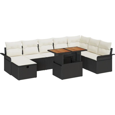 Afbeelding van vidaXL 9 Delige Tuin Sofa Set met Kussens Zwart Poly Rattan, 2 Zits Opslag en Rattan