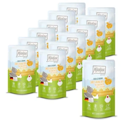 Afbeelding van MjAMjAM Premium natvoer voor katten Quetschie Chicks &amp; Friends malse kip met lekkere appelstukjes, 12 verpakking (12 x 125g), graanvrij