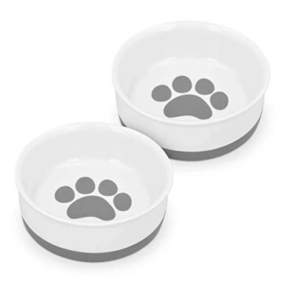 Afbeelding van Navaris set van 2 voerbakjes Voor hond en kat Etensbak waterbak porselein Met siliconen antislip onderzijde Wit/Grijs