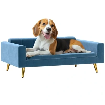 Afbeelding van PawHut hondenbed, zijdeachtig fluwelen bekleding, 94 x 59,5 31,5 cm, Scandinavisch design, hondenbank op voet, met zacht kussen, poten van roestvrij staal, blauw