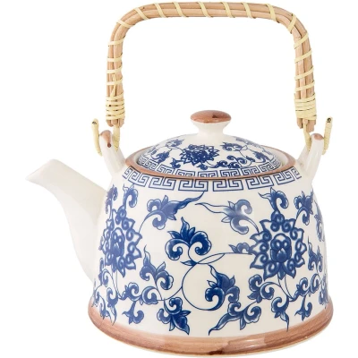 Afbeelding van Clayre &amp; Eef Theepot met Filter 700 ml Blauw Keramiek Rond Bloemen Theekan