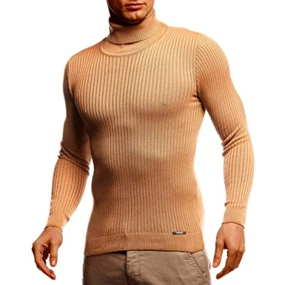 Afbeelding van Leif Nelson Coltrui voor heren, gebreide trui coole herentrui met rolkraag dunne winter en zomer, donkerbeige, S