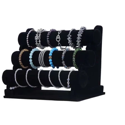 Afbeelding van Sieraden/ horloge display standaard Zwart Velours 3 rollen armbanden opbergen