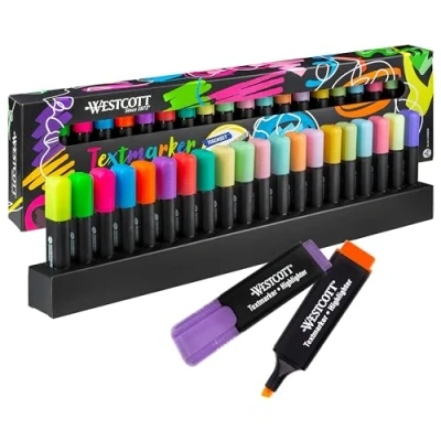 Afbeelding van Westcott Markeerstiften, E 744250 00, 20 stuks, neon en pastelkleuren, set van highlighter markers met organisatiesysteem, lijndikte 2 5 mm, premium inkt uit Duitsland
