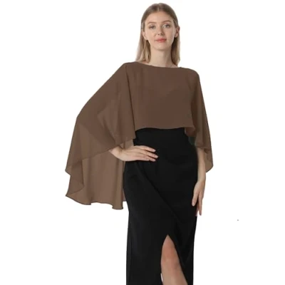 Afbeelding van Hotshawl Capelets voor vrouwen, chiffon cape, sjaals en wraps avondjurk, bruiloft, cover up., Koffie, Eén Maat