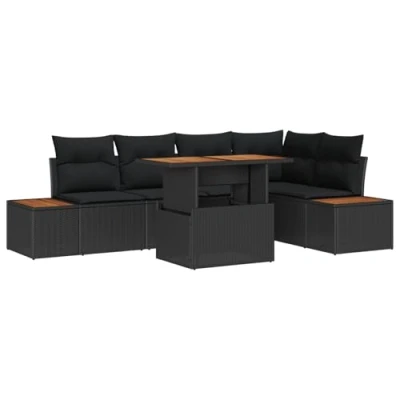 Afbeelding van vidaXL 6 Delige Tuin Eettafel Set met Kussens Zwart Poly Rattan en Acacia
