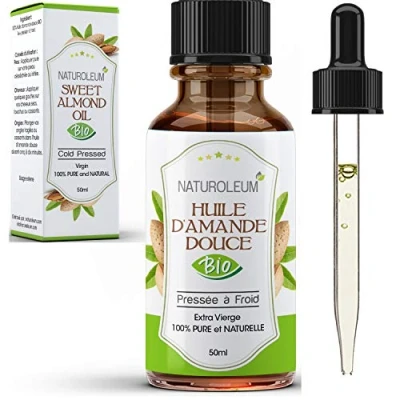 Afbeelding van Zoete amandelolie, 100% biologisch, zuiver en natuurlijk, koudgeperst, extra vierge lichaamsverzorging, huid, gezicht, haar, veganistisch, 50 ml