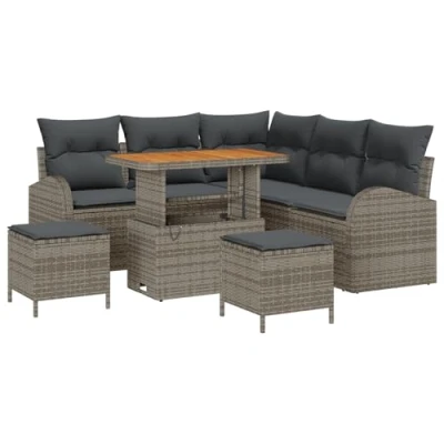 Afbeelding van vidaXL 8 delige Tuin Sofa Set met Kussens Grijs Poly Rattan Acacia, 2 zits Rattan, 3 Eettafel Acacia