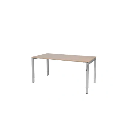 Afbeelding van Cubeo 4 poot bureau, zit/zit hoogte verstelbaar (62 85cm) dmv slinger met 160x80cm havana/ kersen licht 25mm blad en aluminium (RAL9006) frame